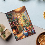 Postal Festiva Habitación decorada con gusto, chimenea, perros, c<br><div class="desc">Esta tarjeta de Navidad incluye dos perros frente a una chimenea en una sala de estar decorada con festividades y muchos regalos bajo el árbol de Navidad. Aspecto vintage. Envíe saludos de Navidad a sus amigos y familia. Personalizado de texto y de vuelta.</div>