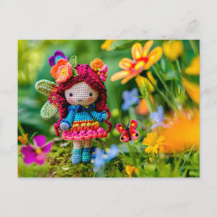 Postal Festiva Hada Crochet con Flores Amarillas