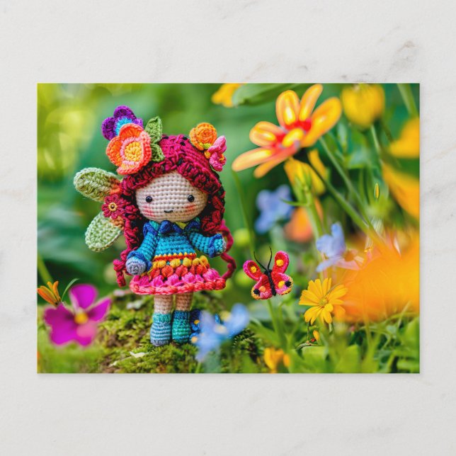 Postal Festiva Hada Crochet con Flores Amarillas (Anverso)