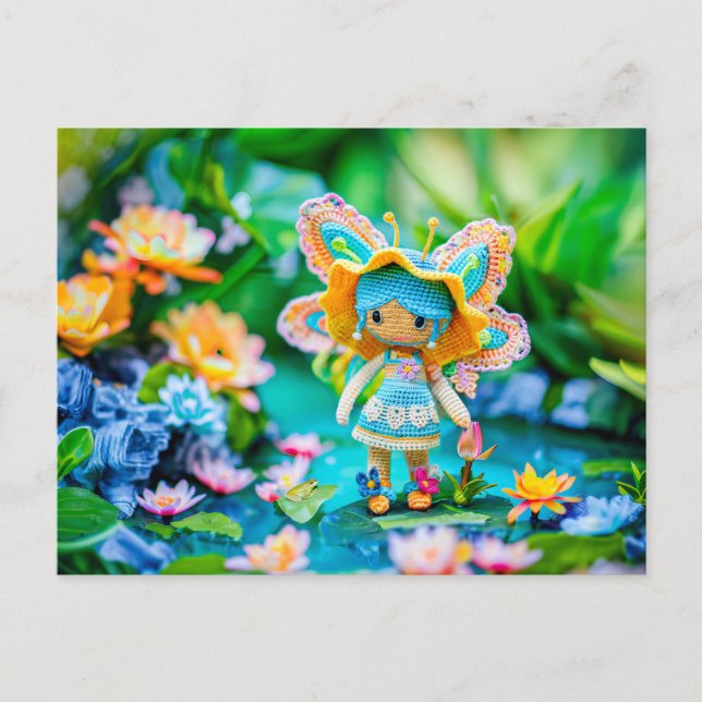 Postal Festiva Hada Crochet con Flores Azules (Anverso)