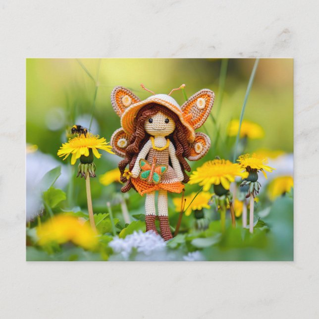 Postal Festiva Hada Crochet con Flores de Diente de León (Anverso)