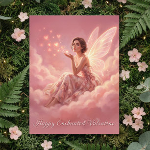 Postal Festiva Hada de San Valentín en Nubes Rosadas Arte de Fant