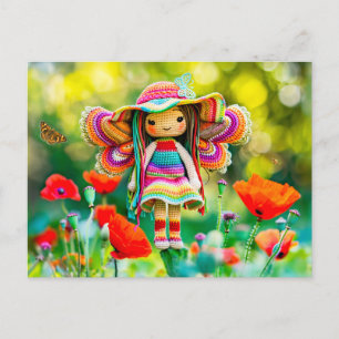 Postal Festiva Hada tejida con flores de amapola rojas