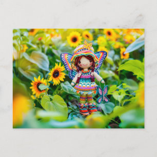 Postal Festiva Hada tejida con girasoles amarillos