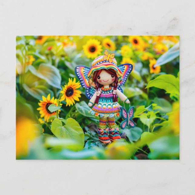 Postal Festiva Hadas crochadas con girasoles amarillos (Anverso)