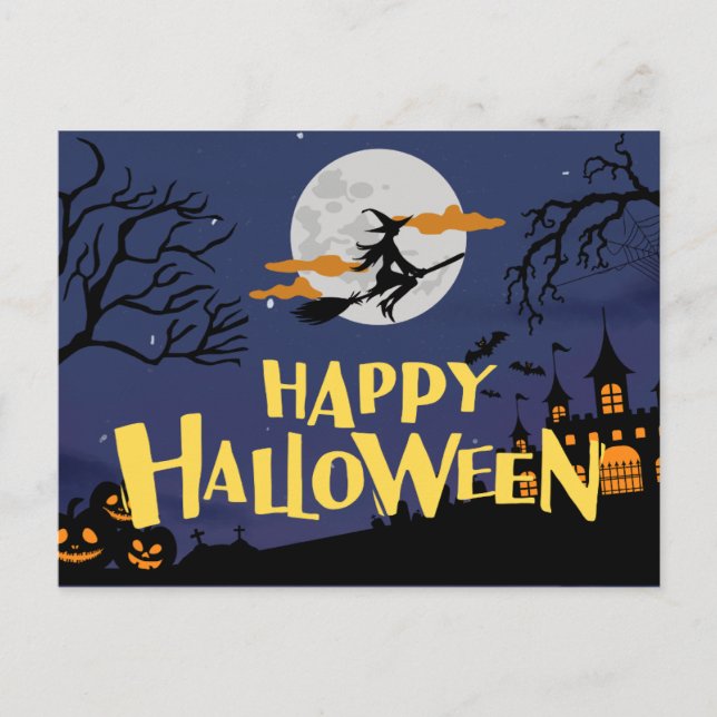Postal Festiva Halloween azul amarillo moderno (Anverso)