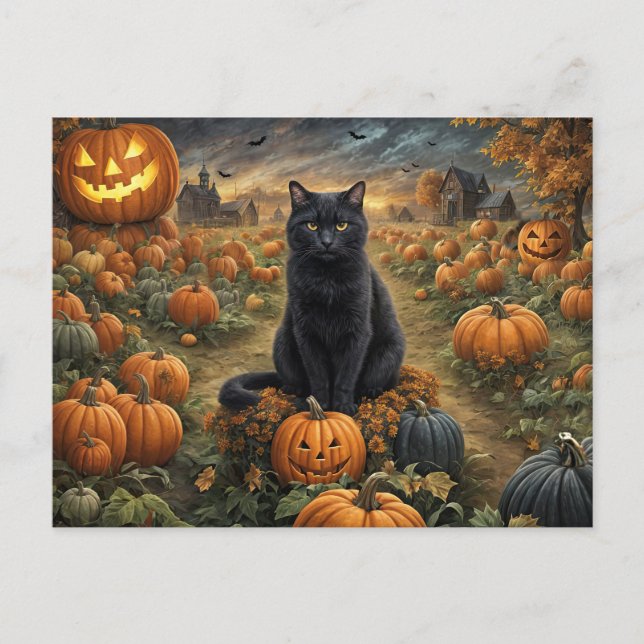 Postal Festiva Halloween Black Cat Pumpkin Parche Cuidada (Anverso)