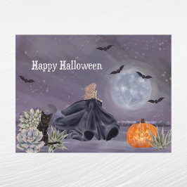 Postal Festiva Halloween Black Cat Witch Calabaza Suculentas Bats