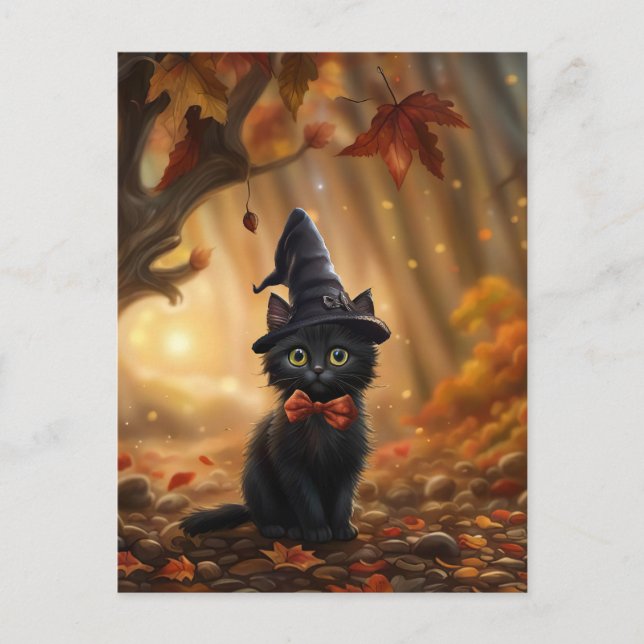 Postal Festiva Halloween Black Cat Witch Gorra Fall deja de lado (Anverso)