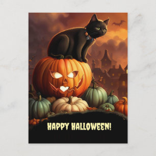 Postal Festiva Halloween Black Cat y Jack O' Lantern Cute