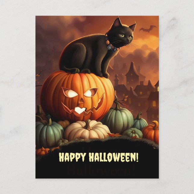 Postal Festiva Halloween Black Cat y Jack O' Lantern Cute (Anverso)