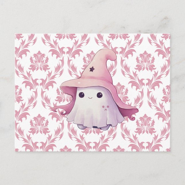 Postal Festiva Halloween blanco y rosado Gorra de bruja fantasma (Anverso)