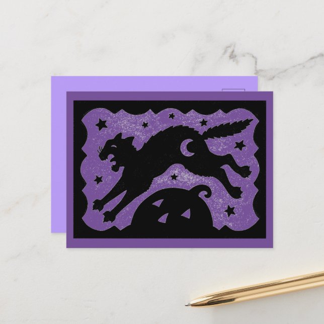 POSTAL FESTIVA HALLOWEEN CAT JUMPING SOBRE PUMPKIN, NEGRO Y PURPL (Anverso/Reverso In Situ)