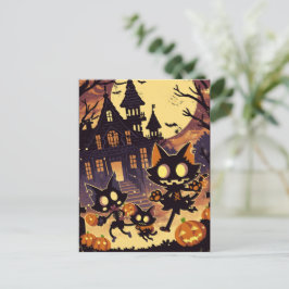 Postal Festiva Halloween Cats by the Haunted House