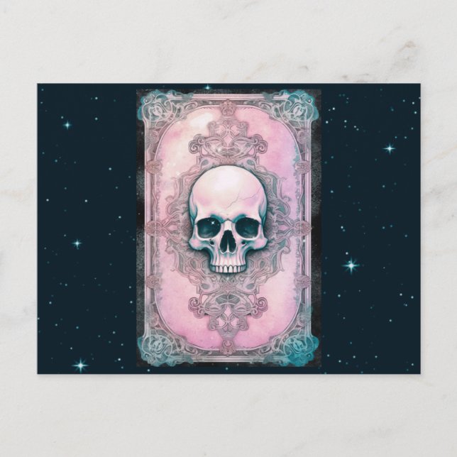 Postal Festiva Halloween Celestial Rosa y Verde de Calavera Vinta (Anverso)