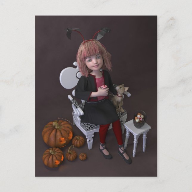 Postal Festiva Halloween. Comer dulces. (Anverso)