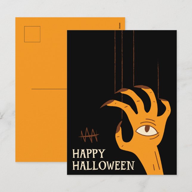 Postal Festiva Halloween con marioneta de mano de época (Anverso / Reverso)