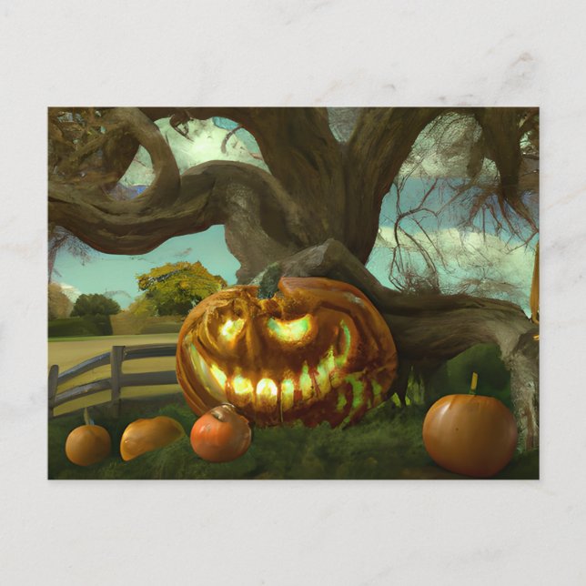 Postal Festiva Halloween con un arbol de manglada gigante Jack-O' (Anverso)