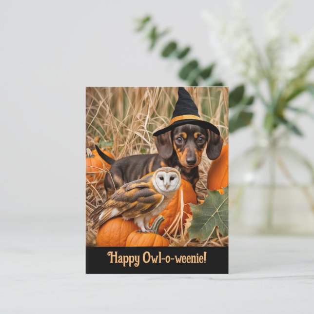 Postal Festiva Halloween Cute Dachshund Pup Owl (Anverso de pie)