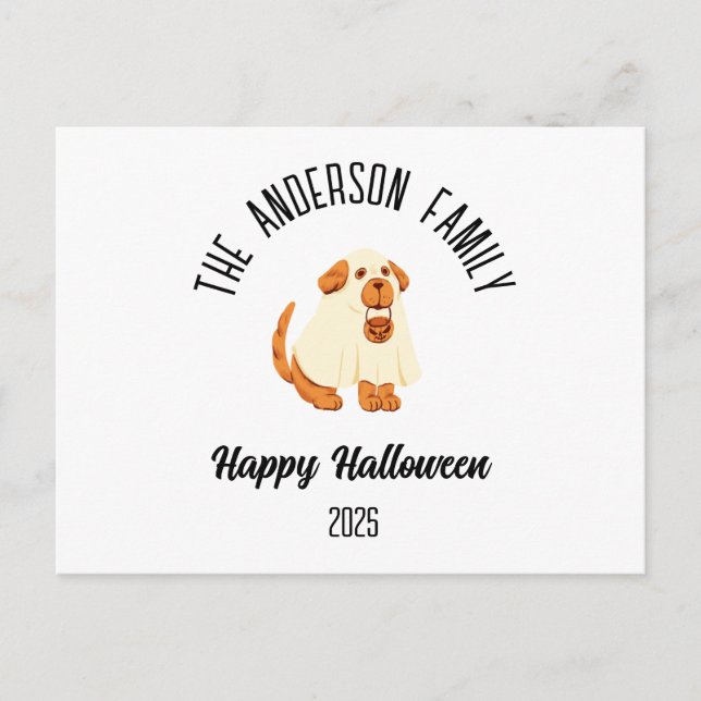 Postal Festiva Halloween Cute Dog Ghost Costume Nombre Personaliz (Anverso)