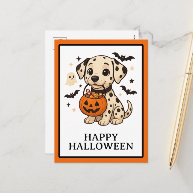 Postal Festiva Halloween Dalmatian Trick o Trate a Fiesta (Anverso/Reverso In Situ)