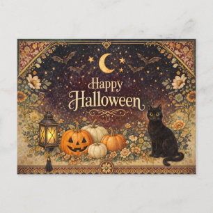 Postal Festiva Halloween de Arte Popular Floral Colorido Vintage