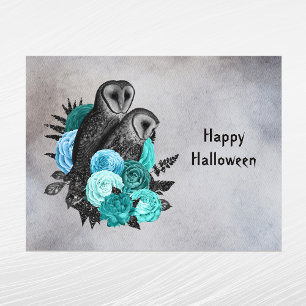 Postal Festiva Halloween de búhos florales Verde azulados góticos