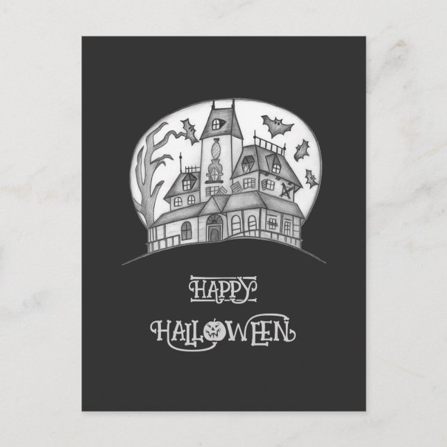 Postal Festiva Halloween de Haunted House y Bats (Anverso)