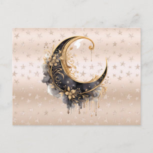 Postal Festiva Halloween de luna de oro y negro bohemio