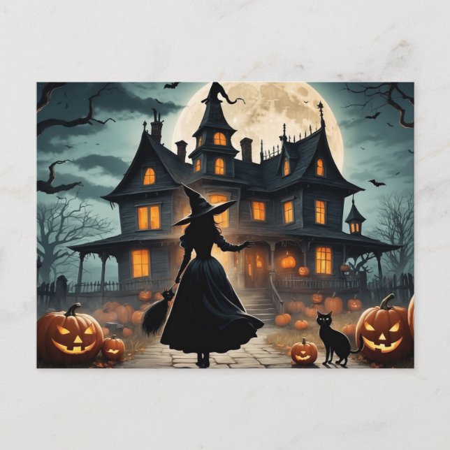 Postal Festiva Halloween embrujada casa y bruja (Anverso)