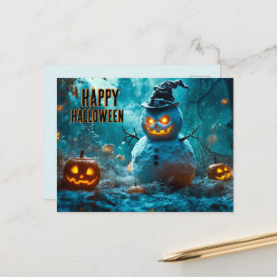Postal Festiva Halloween espeluznante con muñeco de nieve malvado