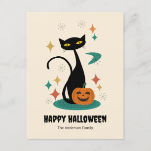 Postal Festiva Halloween Gato Negro de mediados de siglo