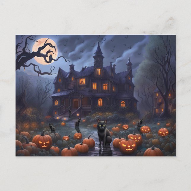 Postal Festiva Halloween Gats Pumpkins Haunty House (Anverso)