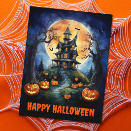 Postal Festiva Halloween Hauned House con calabazas