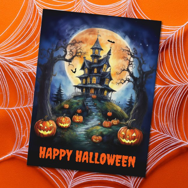 Postal Festiva Halloween Hauned House con calabazas (Subido por el creador)