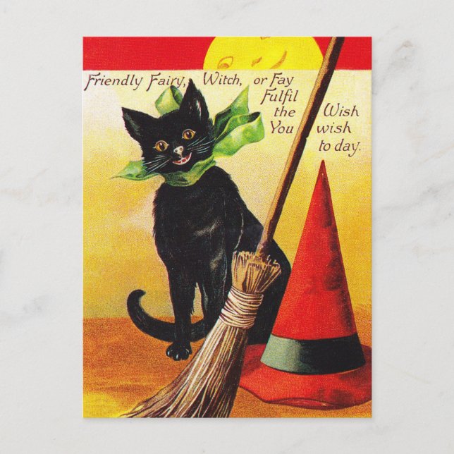 Postal Festiva Halloween Holiday gato negro Vintcard (Anverso)
