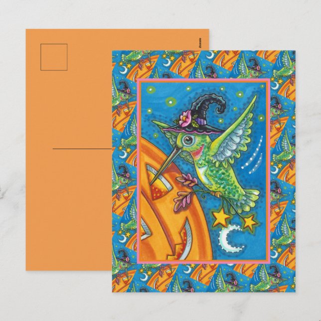 POSTAL FESTIVA HALLOWEEN HUMMINGBIRD & JACK O LANTERN WHIMSY (Anverso / Reverso)