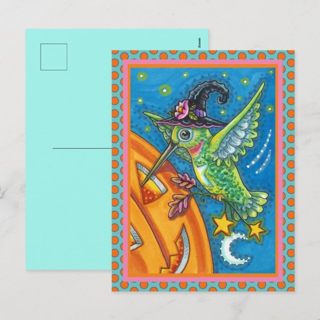 POSTAL FESTIVA HALLOWEEN HUMMINGBIRD & JACK O LANTERN WHIMSY (Anverso / Reverso)