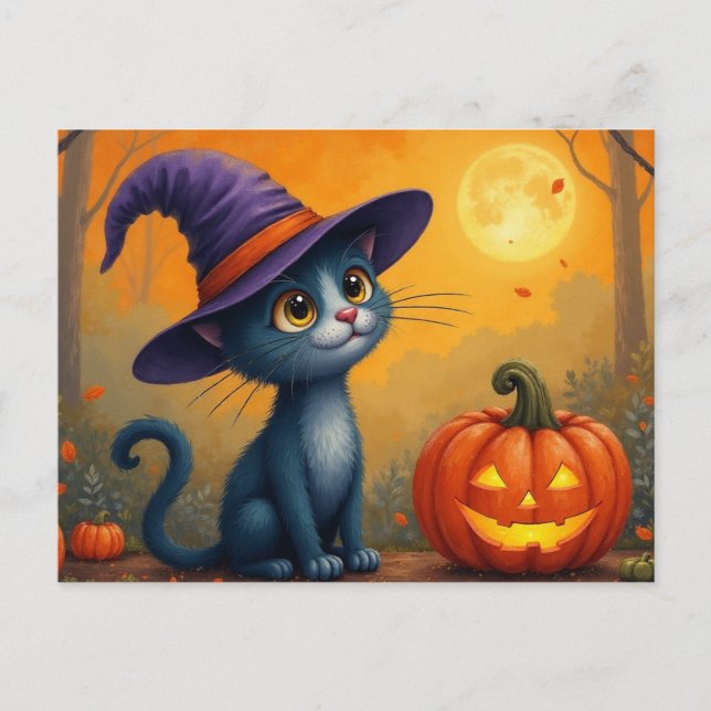 Postal Festiva Halloween Kitten y Jack O'Lantern (Anverso)