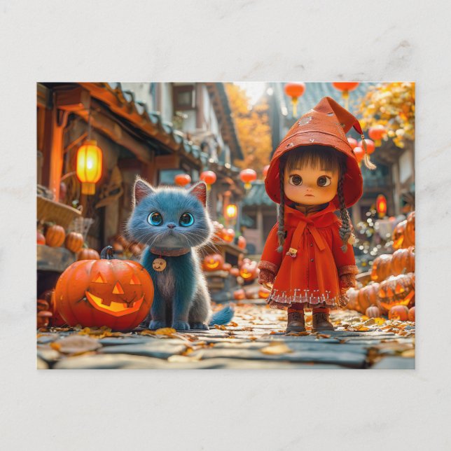 Postal Festiva Halloween Magic con calabazas y gato (Anverso)