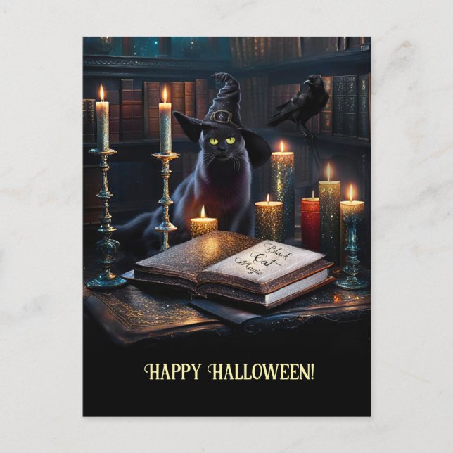 Postal Festiva Halloween Magical Cat Books Raven (Anverso)