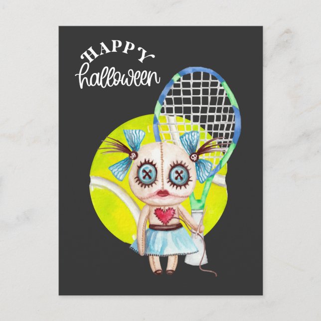 Postal Festiva Halloween para jugador de tenis con raqueta (Anverso)