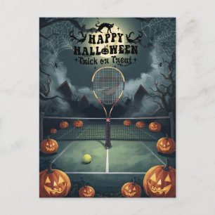 Postal Festiva Halloween para jugador de tenis con raqueta