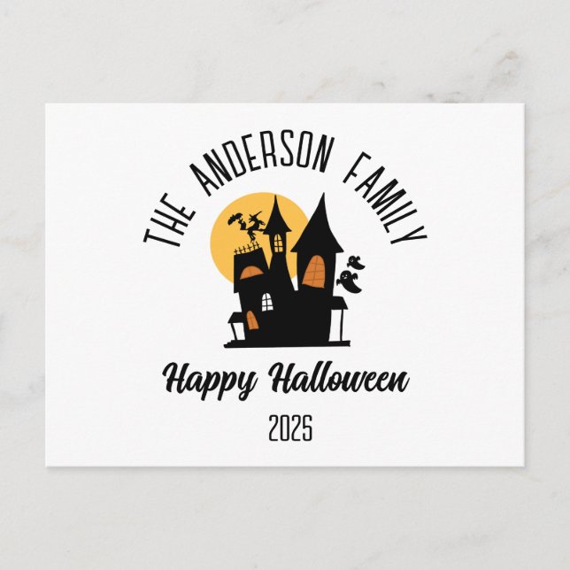 Postal Festiva Halloween Scary Haunted House Nombre personalizado (Anverso)