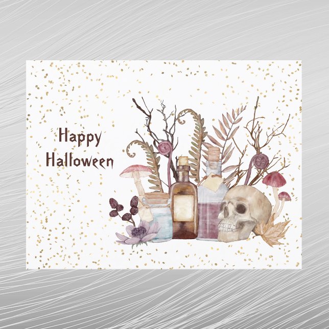 Postal Festiva Halloween Skeleton Potions Mushrooms Floral (Subido por el creador)