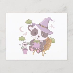 Postal Festiva Halloween Super Cute Panda Bruja y luna creciente