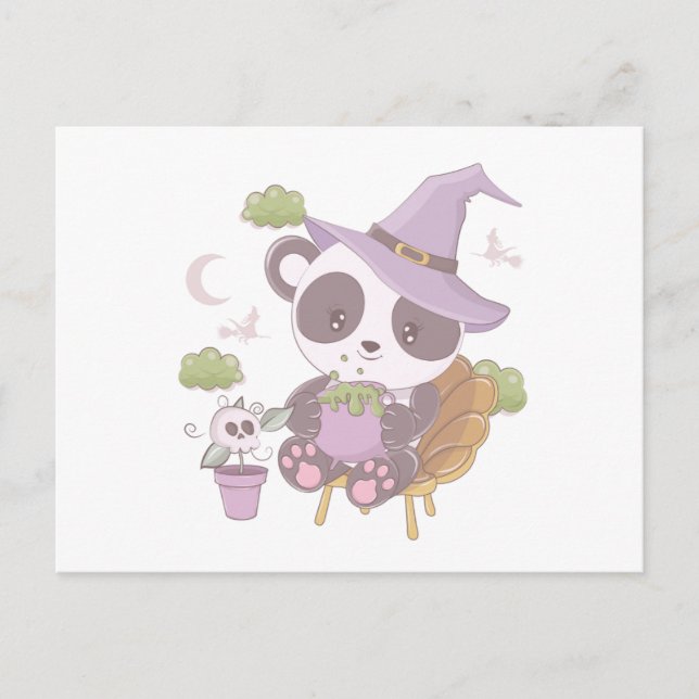 Postal Festiva Halloween Super Cute Panda Bruja y luna creciente (Anverso)