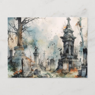 Postal Festiva Halloween, un cementerio gris espeluznante y hermo