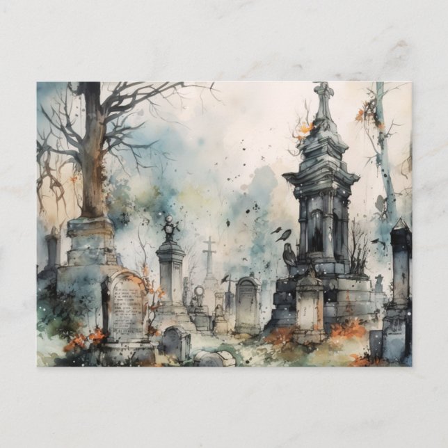 Postal Festiva Halloween, un cementerio gris espeluznante y hermo (Anverso)
