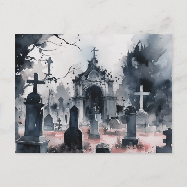 Postal Festiva Halloween, un cementerio gris espeluznante y hermo (Anverso)